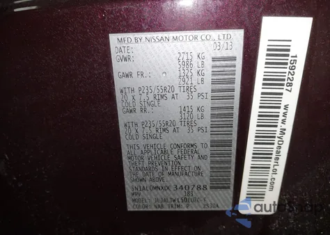 2013 Infiniti Jx35 from USA, damaged, VIN 5N1AL0MNXDC340788